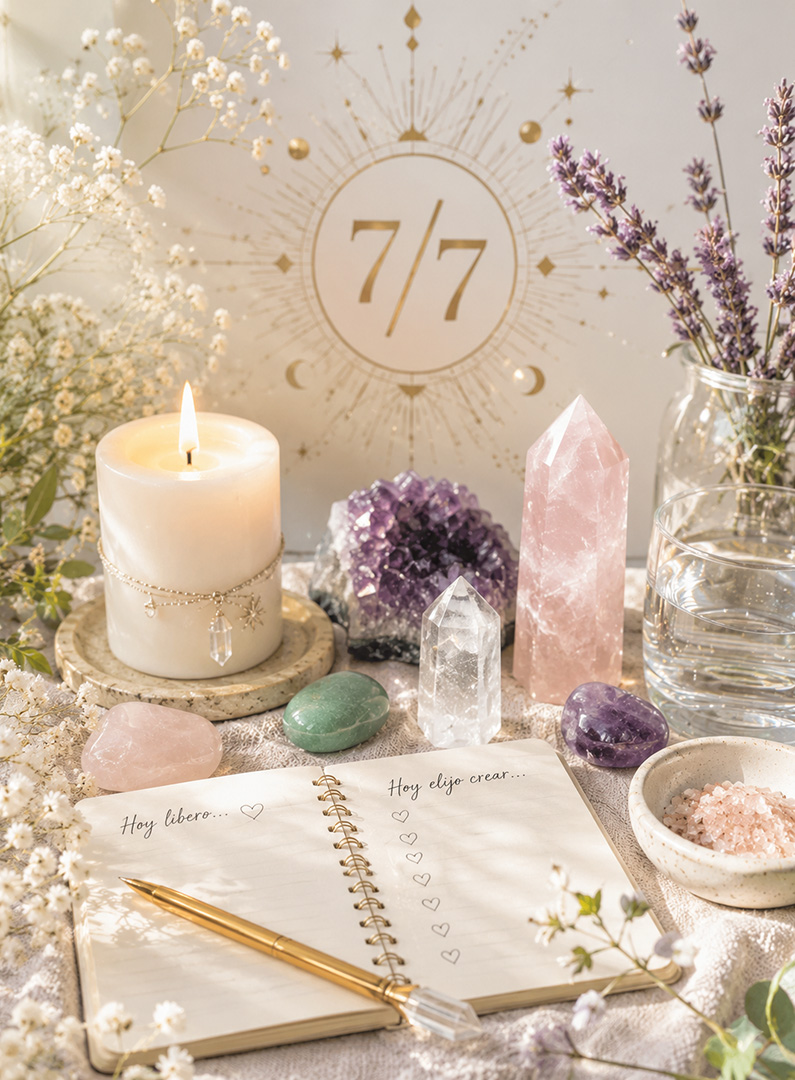 Ritual espiritual del Portal 7/7 con vela encendida, cuarzos naturales, libreta de intenciones y elementos de conexión energética en tonos claros.